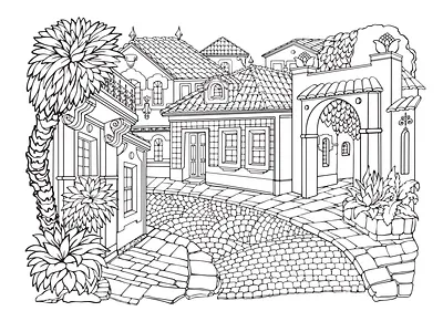 Little Cozy Town. Printable coloring page for adults. Vector. little cozy town