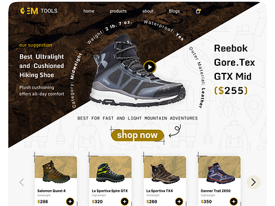 landing page concept for mountaineering equipment "DEM Tools" concept figma illustratore landingpage productdesign shoestore store ui uidesign userinterface ux uxdesign visual visualdesign