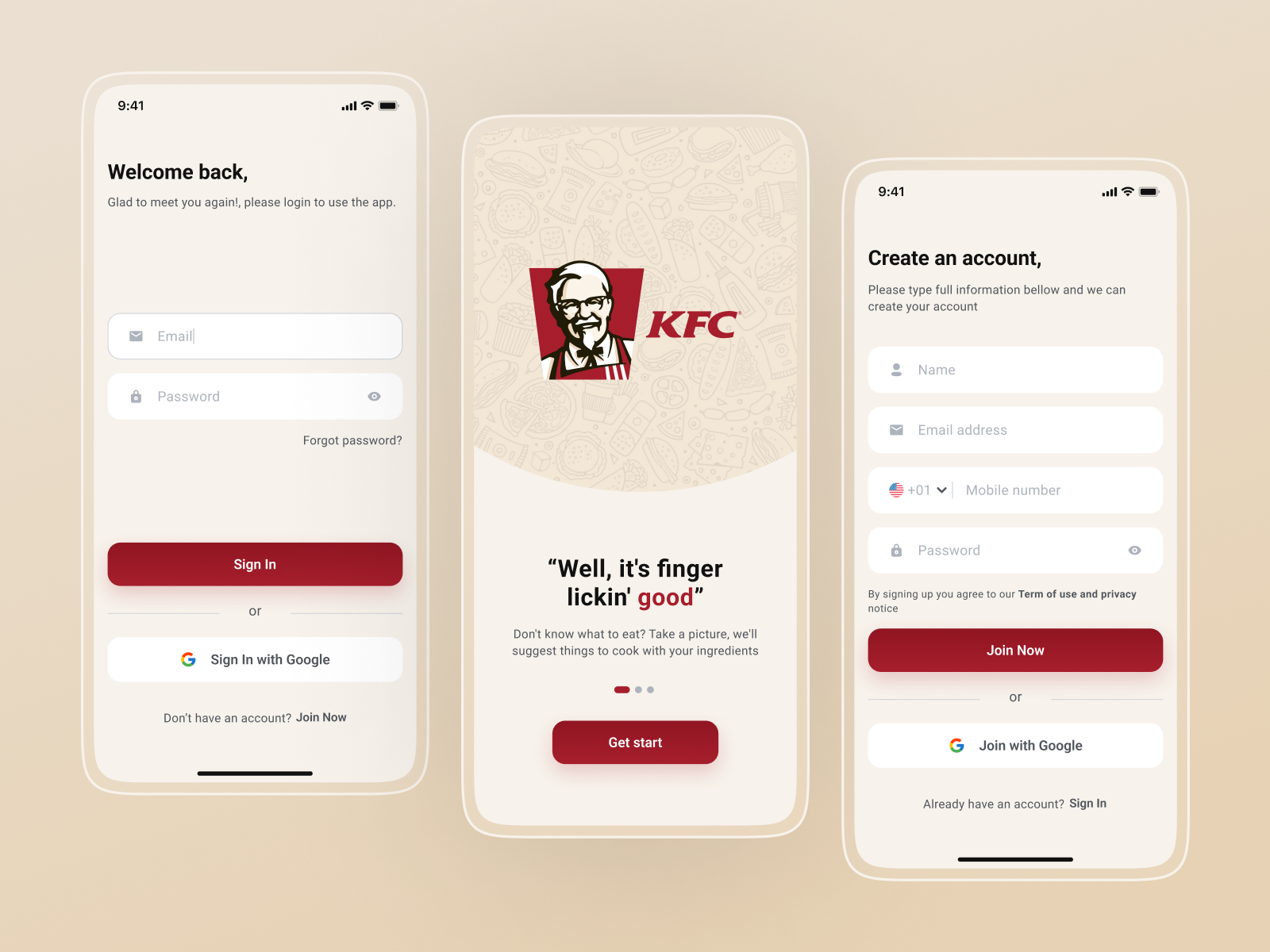 KFC Onboard, login signup app screen by Md Yeasin Arafat 🔥 on Dribbble