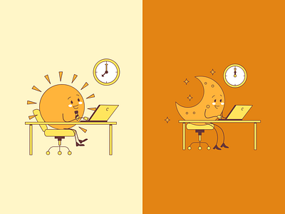 Day Shift vs Night Shift cartoon cute design flat graphic design illustration illustration set illustrator moon sun vector work working
