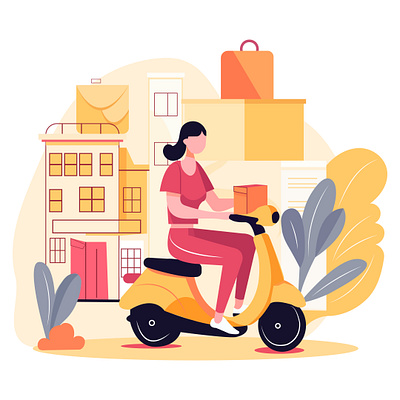 Delivery Girl with Scooty Flat Illustration character design delivery business delivery girl flat illustration graphic design landing page online business pink professional scooty girl vector illustration working woman yellow