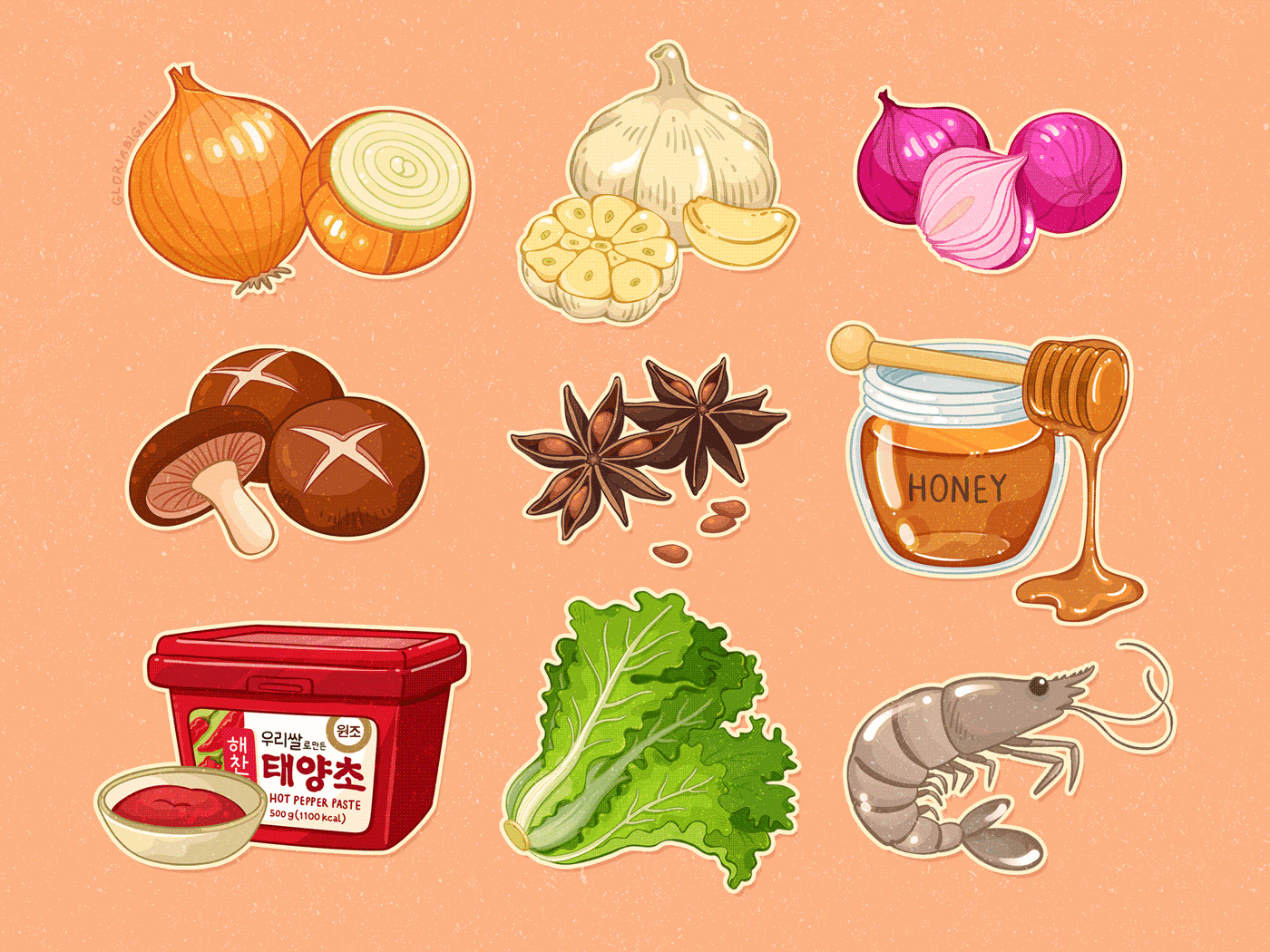 🍯🦐🧄🥬🧅🍄 Secret Ingredients animation characterdesign design flat food garlic gochujang illustration ingredients lettuce minimal mushroom onion prawn shallot shitake shrimp star anise vector veggie