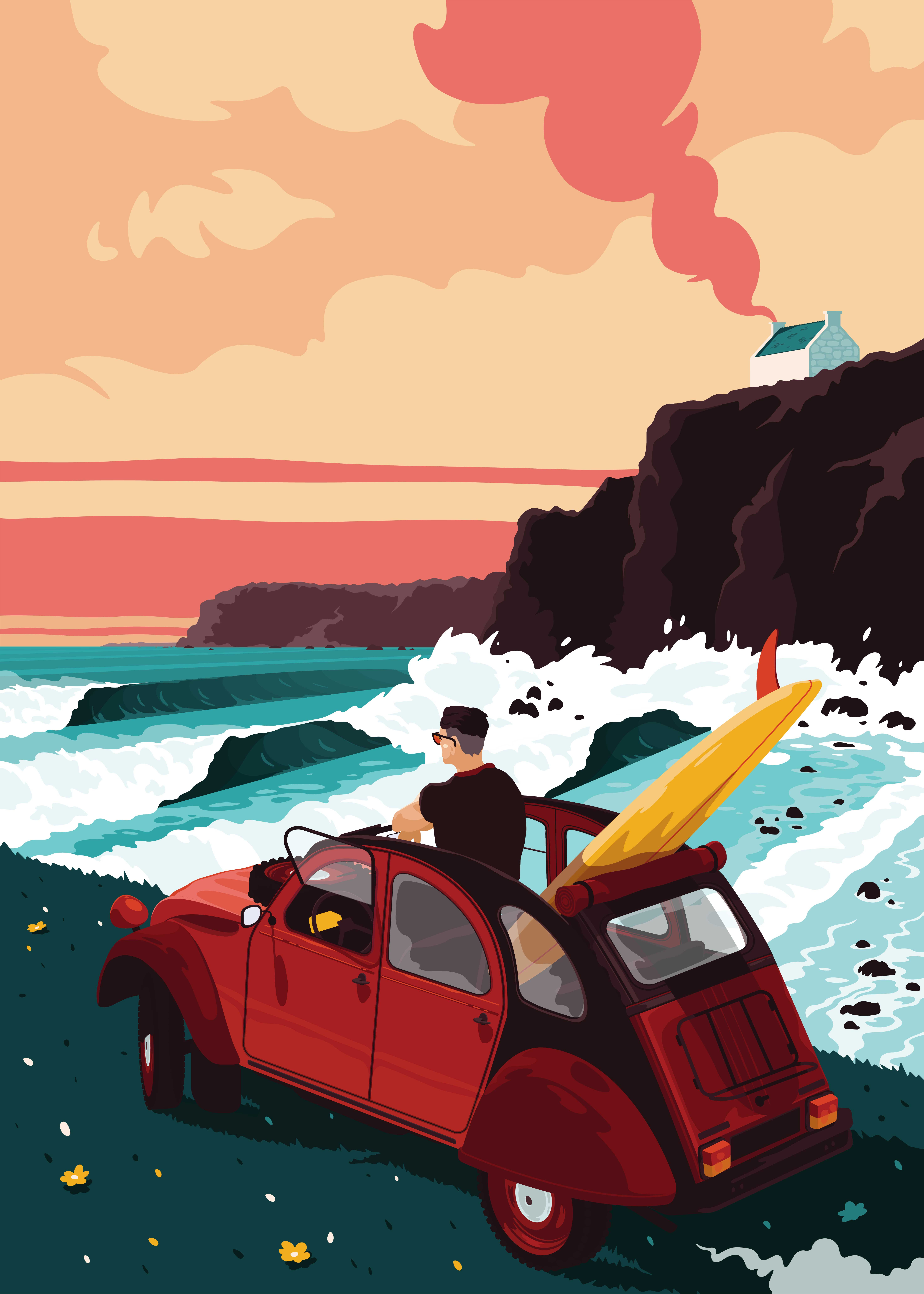 Nemesis 2cv bretagne car citroen flat illustration ocean ride rider sea sunset surf surfboard surfer surfing vector wave
