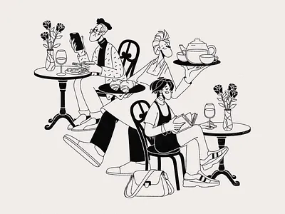Breakfast bag black and white black ink boy breakfast cafe fork glasses graphic diary illustration kettle sketch tea thin line waiter young woman
