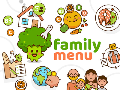 Family Menu project branding broccoli cartoon character digital emoticon family flat food funny healthy icon icons illustration logo mascot menu outline ui vector