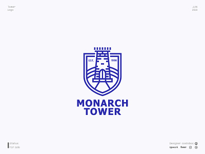 Tower logo (For sale) branding castle design heraldic heraldry icon illustration logo logodesign logotype minimal real estate shield tower vector