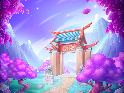 Asian Garden 2d art background casino casual chinese design digital game garden illustration logo sakura slot temple ui