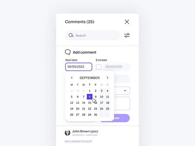 Add Comment Panel add comment add comment ui calendar calendar ui choose dates comment ui comments input field input fields interface design modal select dates side panel ui uiux uxui