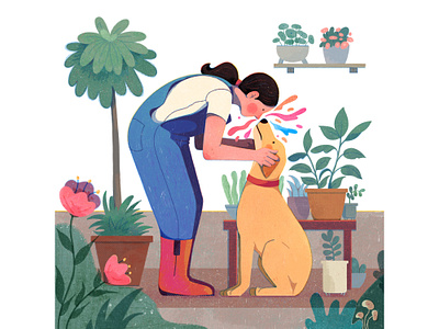 Gardening girl and her dog animal character dog flower garden girl illustration plant tree uran