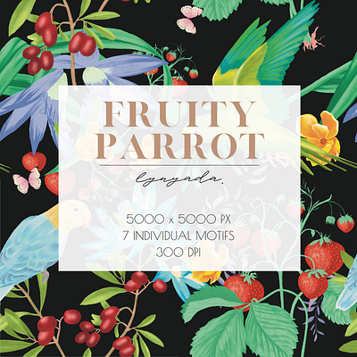 'Fruity Parrots' Seamless Pattern bird botanical botanical art botanical illustration colorful digital illustration drawing fabric design illustration pattern design repeated pattern seamless pattern summer surface design