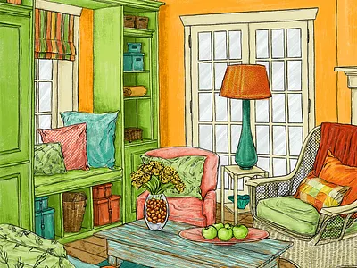 Tangerine Walls and Marmelade Pillows background background design background illustration colorful digital drawing digital illustration flowers illustration interior illustration orange pillows pink still life yellow