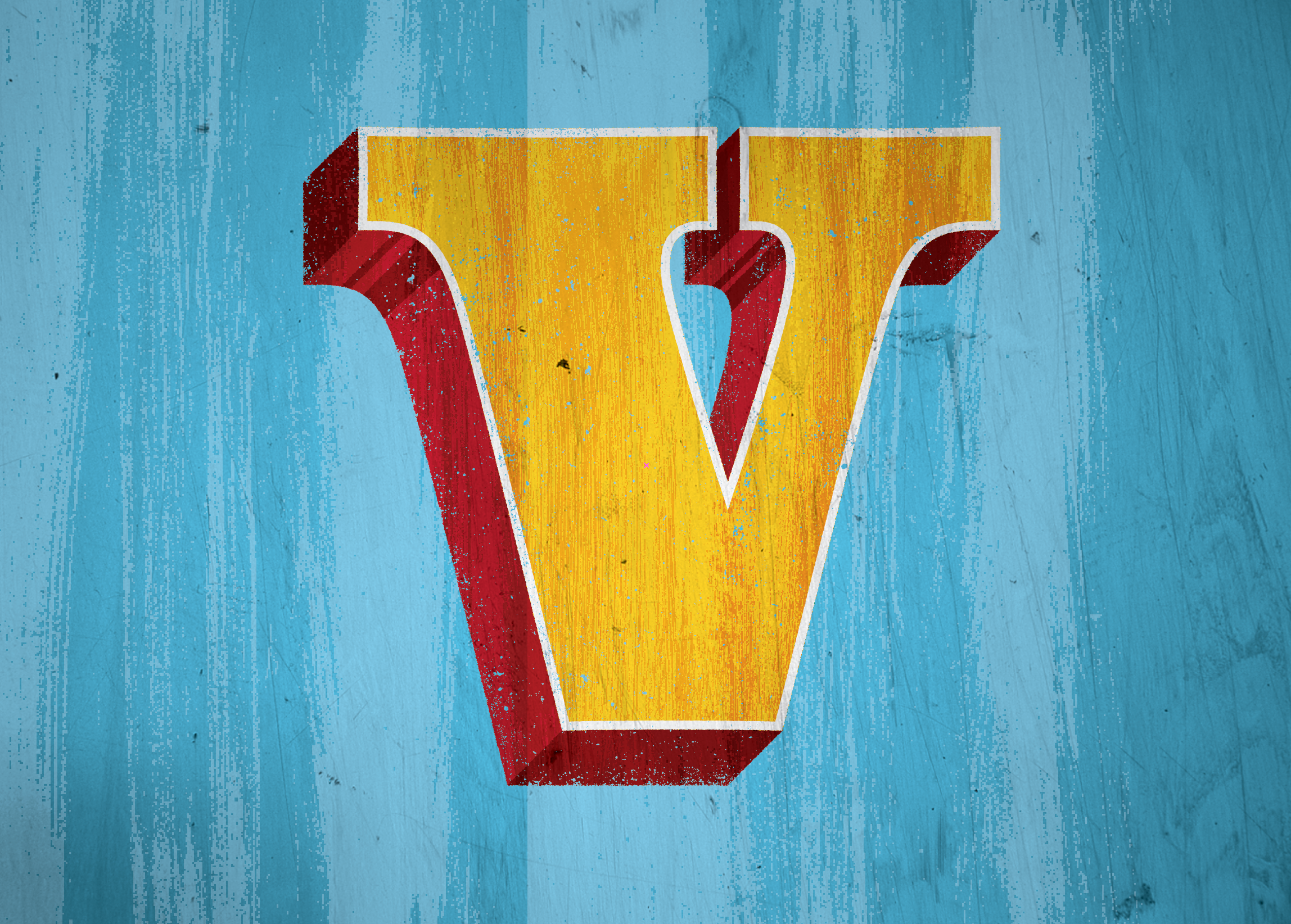 V blue design graphic design letter letterform paint red serif slab texture type typography v yellow