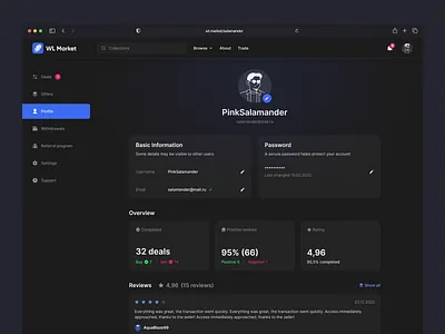 Whitelist marketplace: profile crypto dark design desktop nft preferences product design profile profile settings reviews ui ux web design
