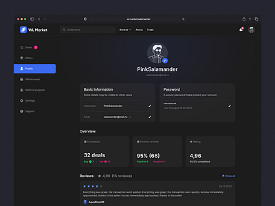 Whitelist marketplace: profile crypto dark design desktop nft preferences product design profile profile settings reviews ui ux web design