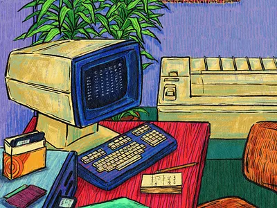 80s Home Office 80s background design background illustration background painting colorful computer digital drawing digital illustration home office illustration indoor interior interior illustration nostalgic office plant printer still life