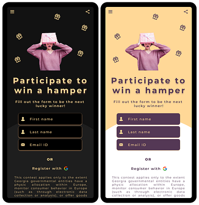 Dark and light theme screens for a contest registration page design graphic design ui ux