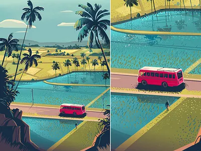 Bus Rides bus bus ride farm illustration inter city paddy fields pond road trip series stories tamilnadu tavel transport