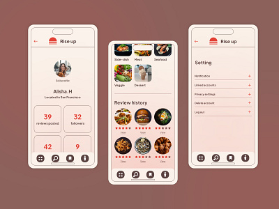 Rise up food review app application design food interface mobile ui ui design ux ux design