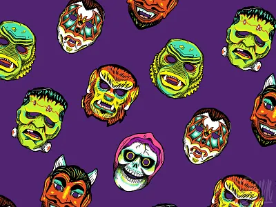MOROSE MARGARET'S MONSTROUS MASKS - PATTERN branding cad design drawing graphic design halloween illustration ink pattern pen photoshop print retro vintage