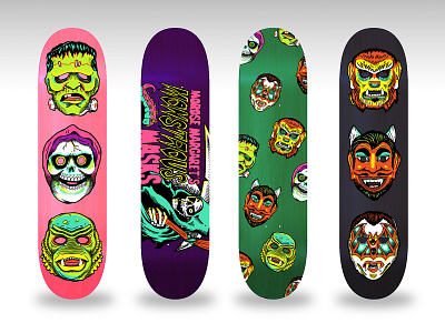 MOROSE MARGARET'S MONSTROUS MASKS - SKATE DECKS branding design graphic design halloween illustration ink masks pattern pen print retro skate skateboard vintage