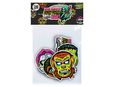 MOROSE MARGARET'S MONSTROUS MASKS - STICKER PACK branding design graphic design halloween illustration ink masks monster packaging pen print product design retro skate skateboard stickers vintage