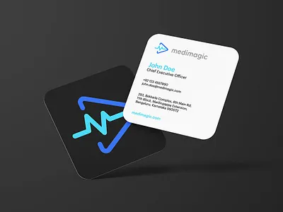 MediMagic Brand Identity 3d branding business card education effendy healthcare icon identity learning letter m logo logomark magic medical medimagic platform play play logo square business card symbol