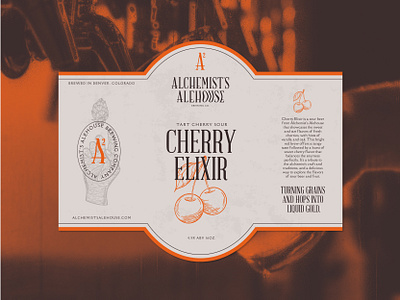 Alchemist's Alehouse - Beer Label ale badge beer brand identity branding brewery brewing cherry design illustration label logo typography woodcut