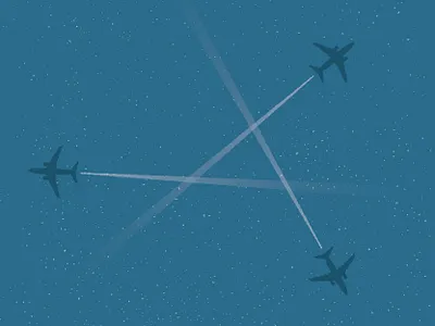 Frequent Flyers above airlines airplanes chemtrail chris rooney dark flight flying illustration jets night overlap planes sky stars streak travel
