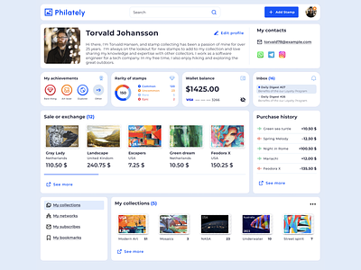 Philately network: Profile for stamp collectors blue collection exchange figma hobby philately philately community product design profile purchase history sale or exchange showcase social media stamp collectors stamps usability user user profile ux design widgets