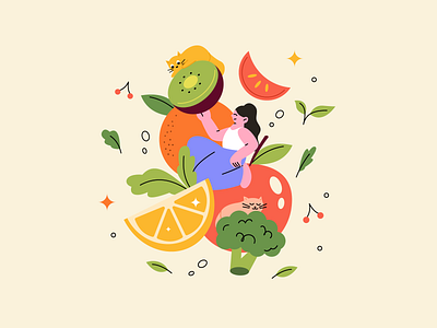 Healthy Day apple broccoli cats character design cute design food fruits healthy healthy food healthy meals herb illustration illustrator kiwi lemon orange vegetables veggies visual art