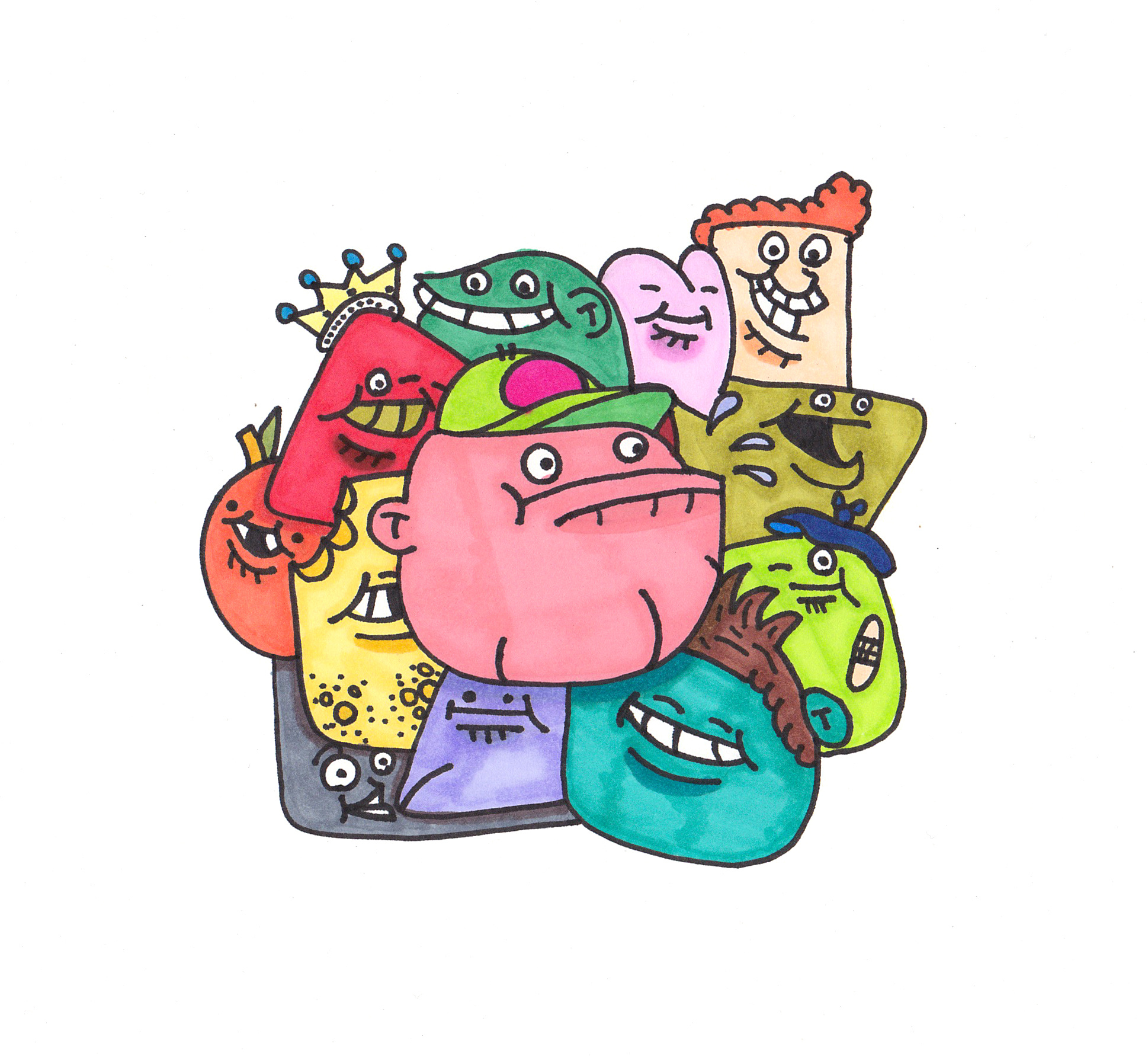 Night on the town band aid baseball hat bite butt chin cap cartoon character crown gold teeth group hand drawn heart holes ice pack illustration king markers orange people smile
