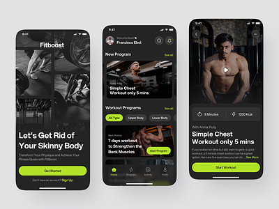 Fitboost - Fitness Training App app crossfit dark mode exercise fitness fitness app fitness training gym gym app health mobile mobile app personal training planner sport training treadmill ui weight loss workout