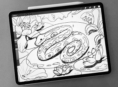 Python Character Design Sketch character character design character illustration digital drawing digital illustration leaves lotus flower pond python sketch snake pattern