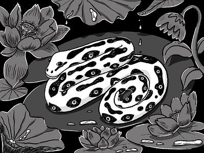 Python Character Design Digital Illustration character character design character illustration digital drop eyes illustration leaves lotus flower pattern pond python snake