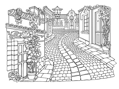 Little Cozy Town. Printable coloring page for adults. Vector. little cozy town