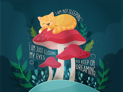 A dreaming cat cat cute dream dreaming flat illustration kawaii kitty mushroom sleep vector