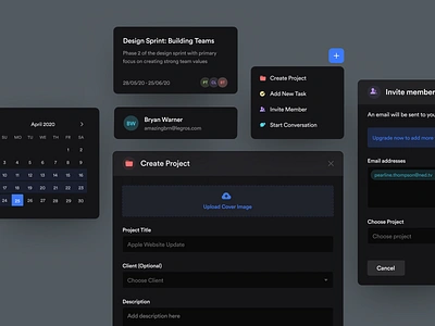 Project creation components akhil sunny asish sunny calender clean ui components dark mode dark ui design icons minimal pixalchemy product design project creation project management typography ui uiux design upload ux web app