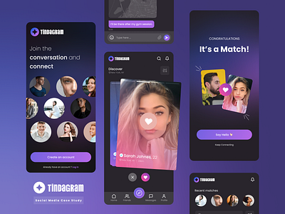 Social Media - Dating App Design | Tindagram app app design case study chat dark mode date dating app design facebook instagram messaging mobile app profile social media swipe tinder ui ux