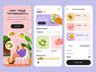 Takjil App Design Exploration app color design food illustration indonesian food mobile muslim pastel procreate ramadhan takjil ui ux