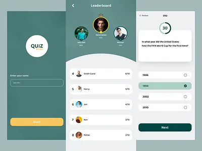 Quiz App app design dark green figma graphic design green app green color green color combination light green color mobile app design quiz quiz app quiz app design ui ui design ux