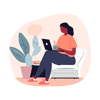 Cozy Time Flat Illustration artwork coffee mug coffee time cozy cozy time design flat flat illustration graphic design illustration laptop office work relaxing sofa vector illustration woman