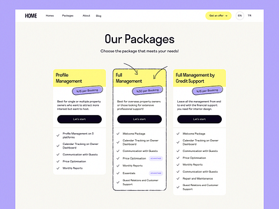 Home Renter Website | Pricing booking card dashboard essentials feature finance icon illustration landing page management packages pricing product product dashboard profile management renter support ui yellow card