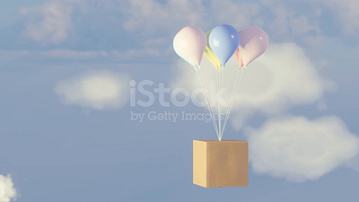 Flying colorful balloons delivering a cardboard box 3d motion graphics cargo delivery concept new year gift social media social media content