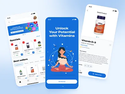 Mobile Application for Personalized Vitamin Selection app branding description mobile app design e commerce illustration marketplace minimal mobile app online shop online store product detail page product details shop shopping app shopping cart ui ux vitamins