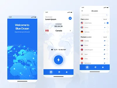 Blue Ocean VPN-Splash, Home, Location screens app app design blue ocean home screen internet vpn location screen mobile app mobile app design splash ui ui design uiux user experience user interface ux ux design vpn app vpn app design vpn mobile app vpn website