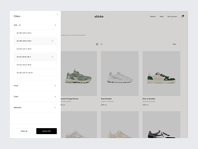 Filters - abloke Clothing Store apply category clothes design drawer ecommerce filtering filters lifestyle modal options popup shoes shop sort store ui ui design ux webiste
