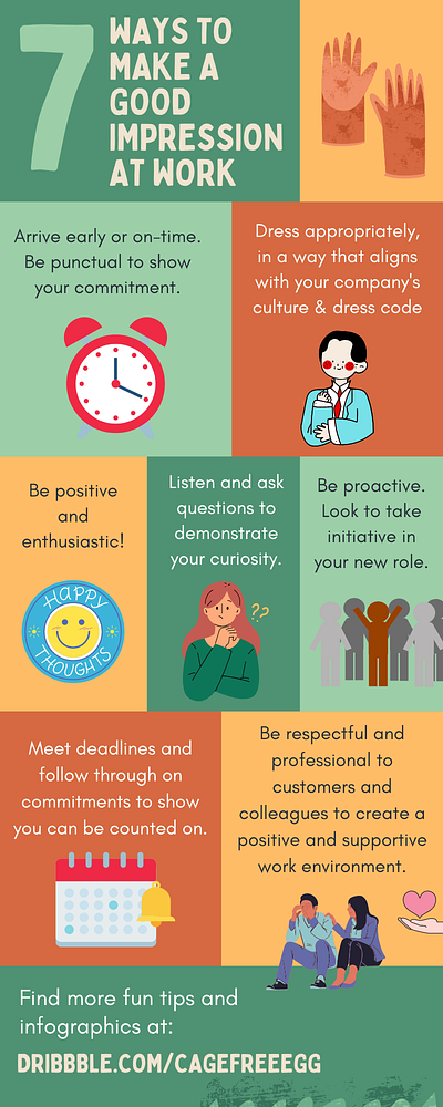 7 Ways to Make a Good Impression at a New Job graphic design infographic