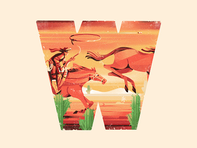 Wild West 36daysoftype adobe bronco catus cowboy horses illustration lasso muti photoshop sunset typeillustration w warm wildwest