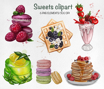 Sweets clipart cake food illustration macarons milkshake pancakes sweets clipart waffles сlipart