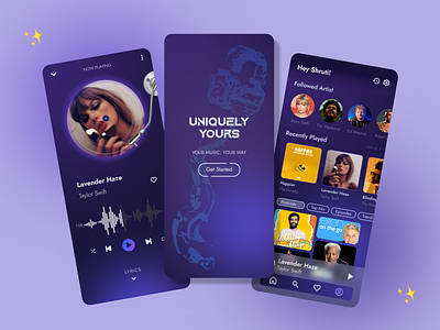 Uniquely Yours - Mobile Music Streaming aesthetic design graphic design home page illustration lavender mobile app modern music music app music app ui music player own music player purple retro taylor swift trendy ui ux